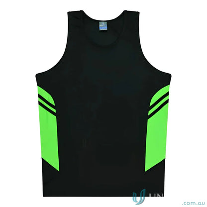 Black and green Tasman Singlet athletic tank top for uniforms or workwear