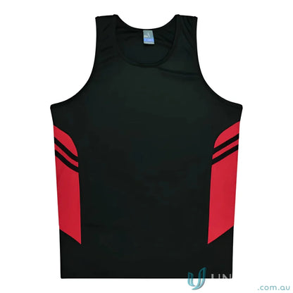 Tasman Singlet black and red athletic tank top ideal for uniforms or workwear