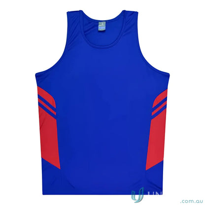 Blue and red Tasman Singlet athletic tank top ideal for uniforms and workwear