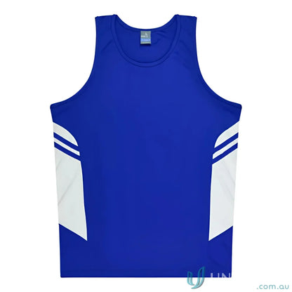 Blue and white Tasman Singlet for athletic uniforms or workwear, comfy and stylish