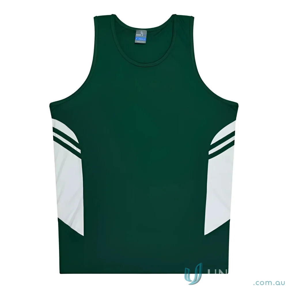 Tasman Singlet green and white athletic tank top perfect for uniforms or workwear