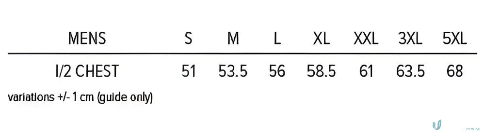 Tasman Singlet men’s clothing size chart for workwear uniforms