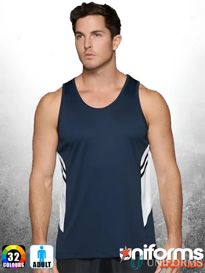 Navy and white Tasman Singlet athletic tank top for uniforms or workwear style