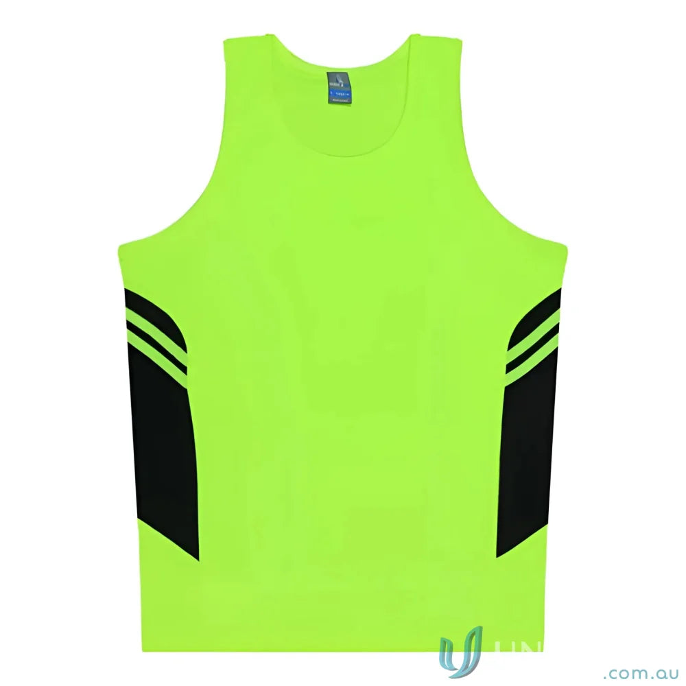 Tasman Singlet neon green tank top with black side panels for uniforms or workwear