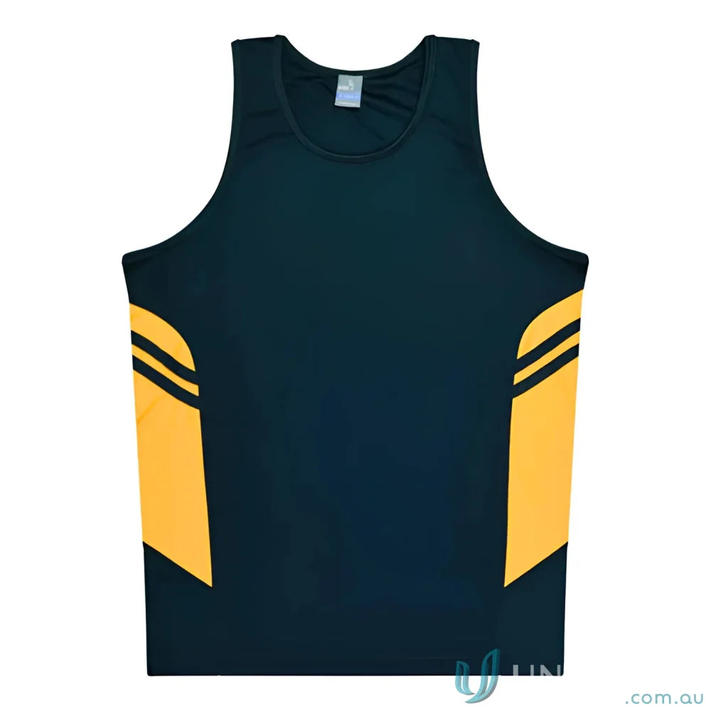 Tasman Singlet sleeveless athletic shirt with gold side panels, great for uniforms and workwear