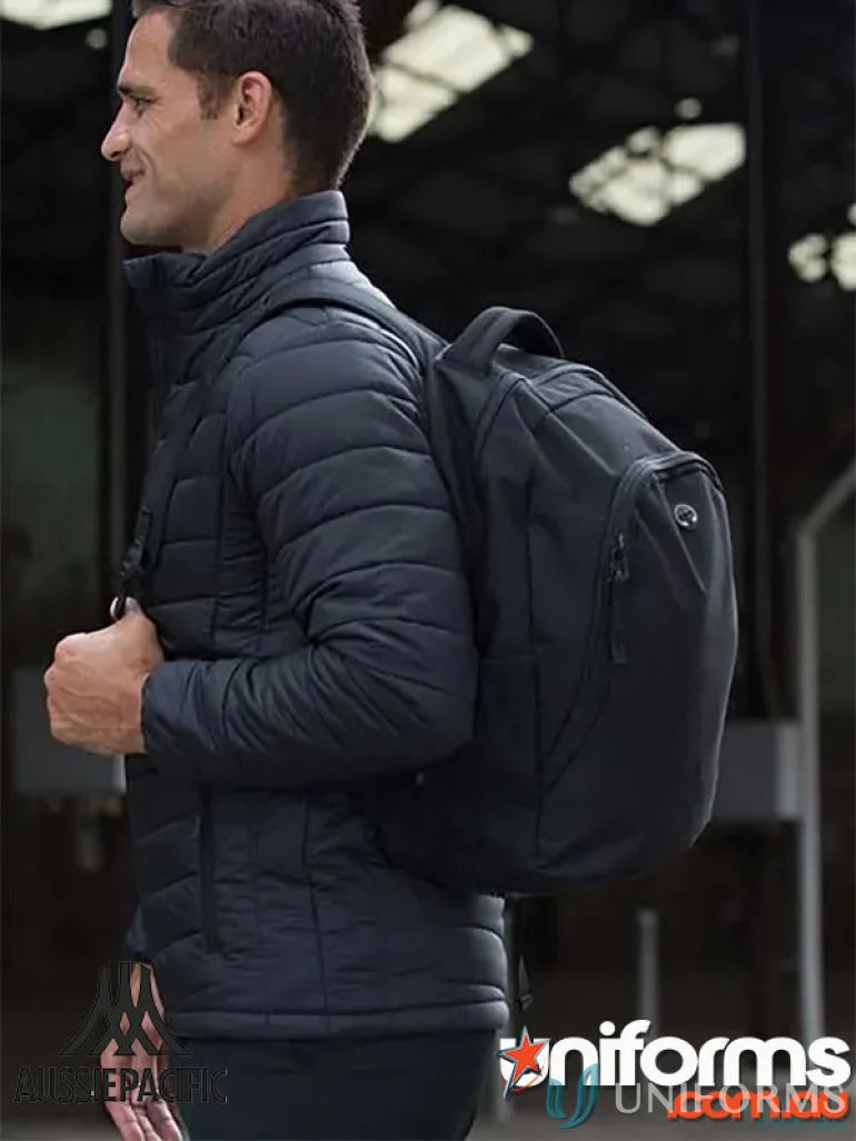 Black padded jacket with Tasman Sports Backpack, great for work uniforms and casual wear