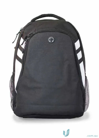 Black Tasman Sports Backpack with White Stripes for Workwear and Uniforms