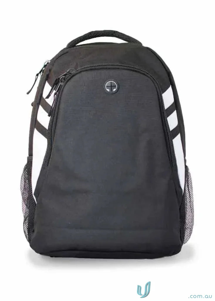 Black Tasman Sports Backpack with White Stripes for Workwear and Uniforms