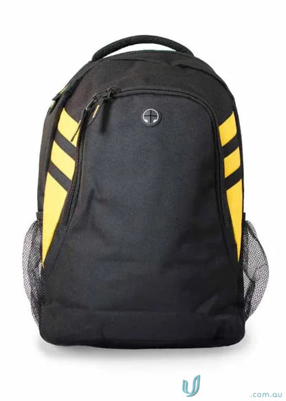 Black and yellow Tasman Sports Backpack perfect for workwear and uniforms