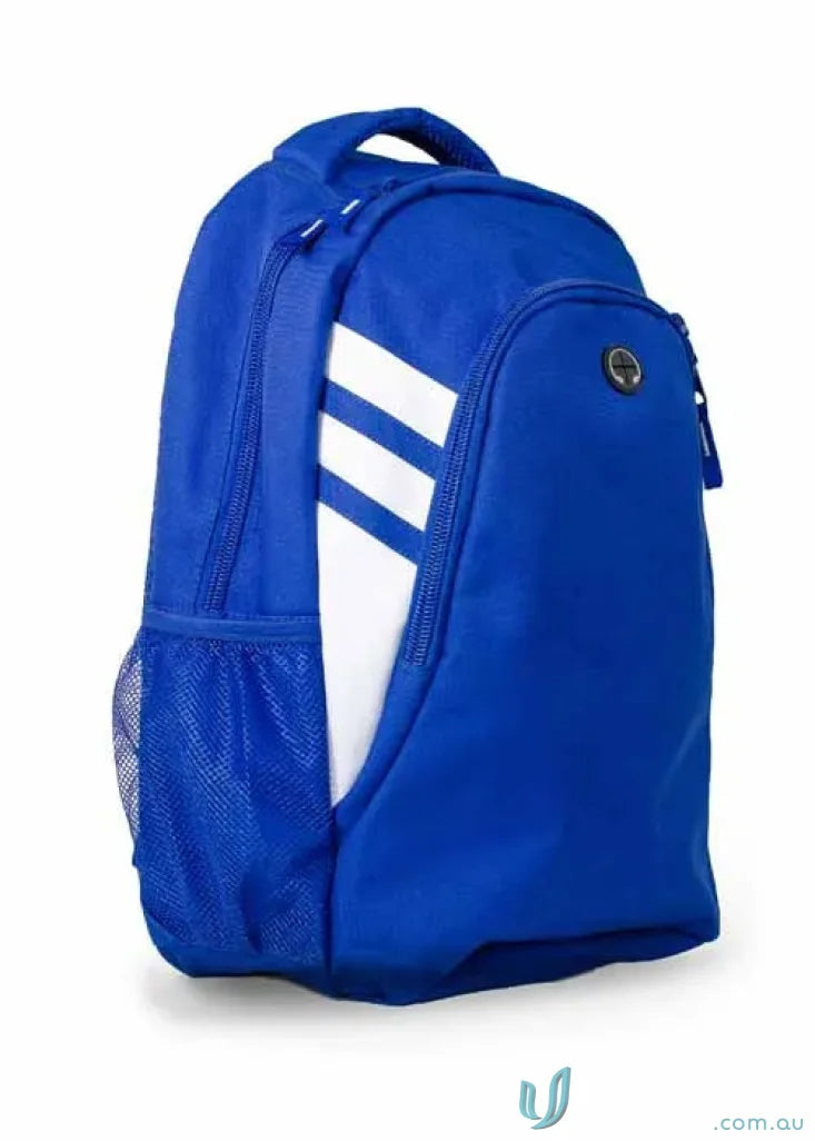 Blue Tasman Sports Backpack with white stripes, perfect for workwear or casual uniforms