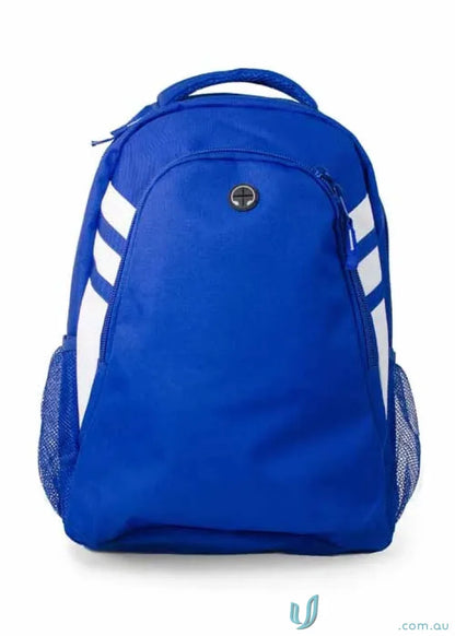Blue Tasman Sports Backpack with white stripes, perfect for work uniforms or casual wear