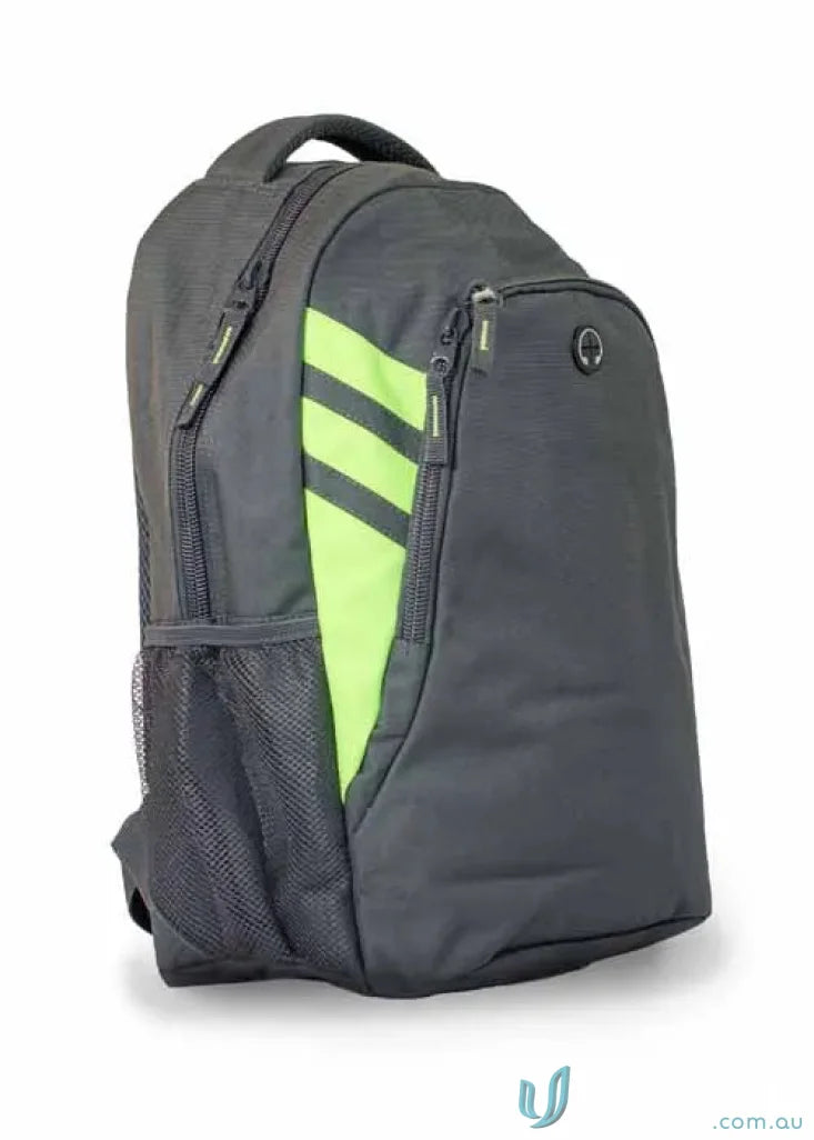 Gray and lime green Tasman Sports Backpack perfect for work uniforms or casual wear