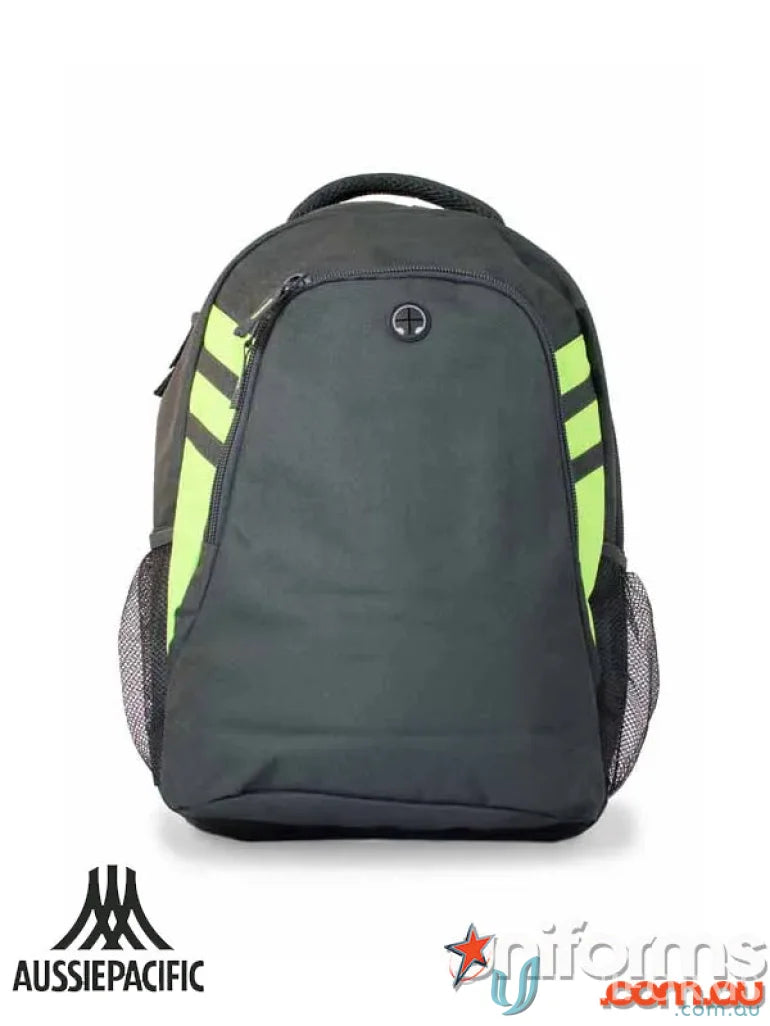 Gray Tasman Sports Backpack with neon green stripes perfect for workwear or uniforms