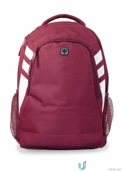 Maroon Tasman Sports Backpack with white stripes ideal for workwear or uniforms