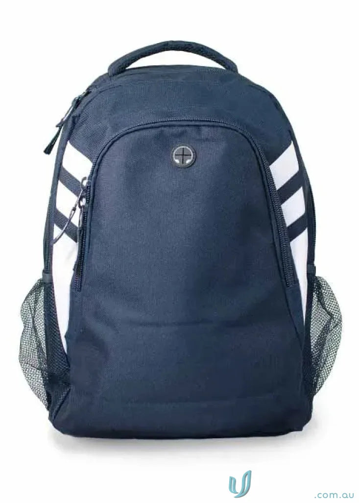 Navy blue Tasman Sports Backpack with white stripes, perfect for work uniforms or casual wear