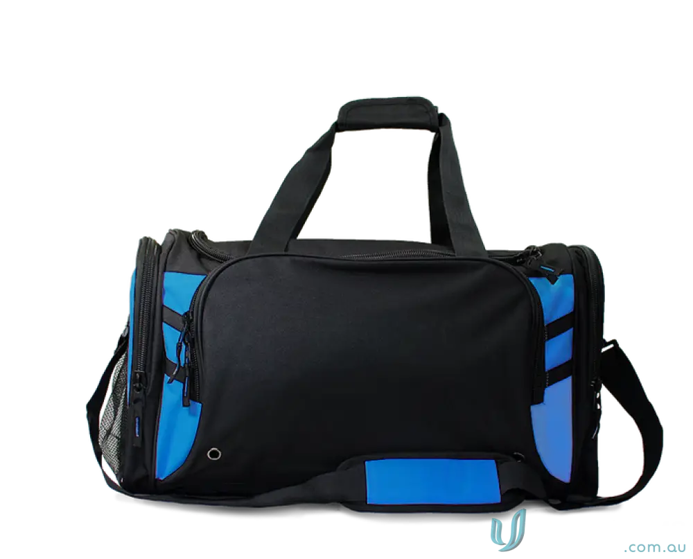 Black and blue Tasman Sports Bag perfect for uniforms and workwear storage