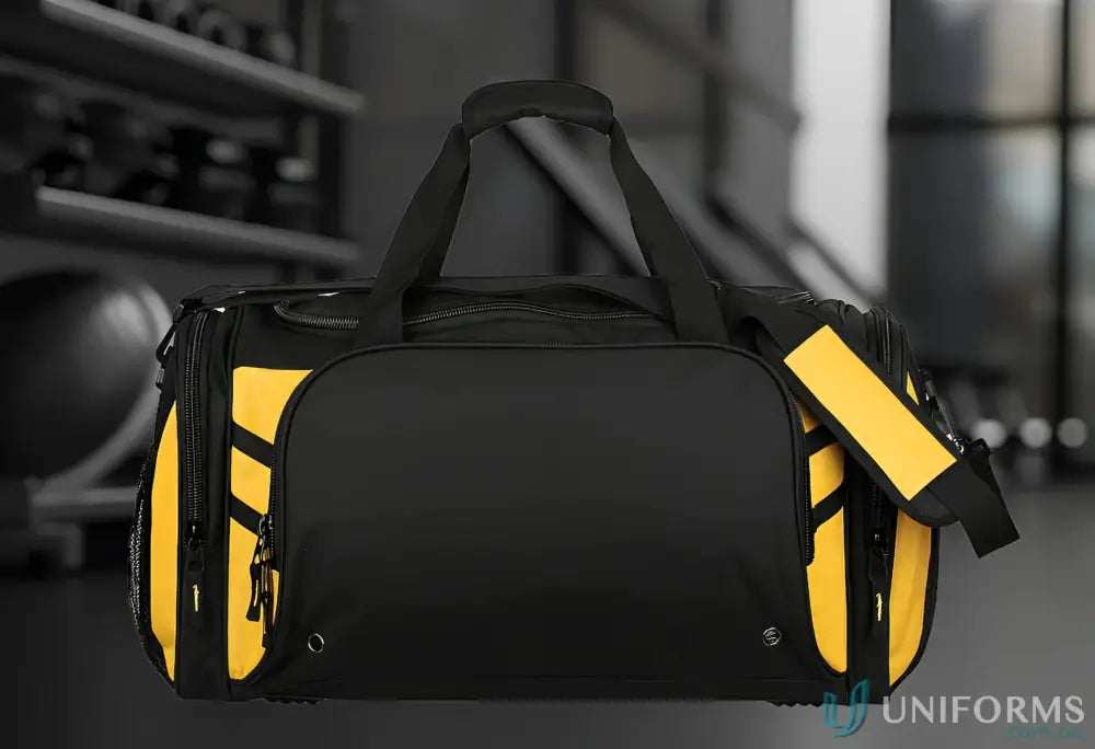 Black and yellow Tasman Sports Bag perfect for uniforms and workwear guys