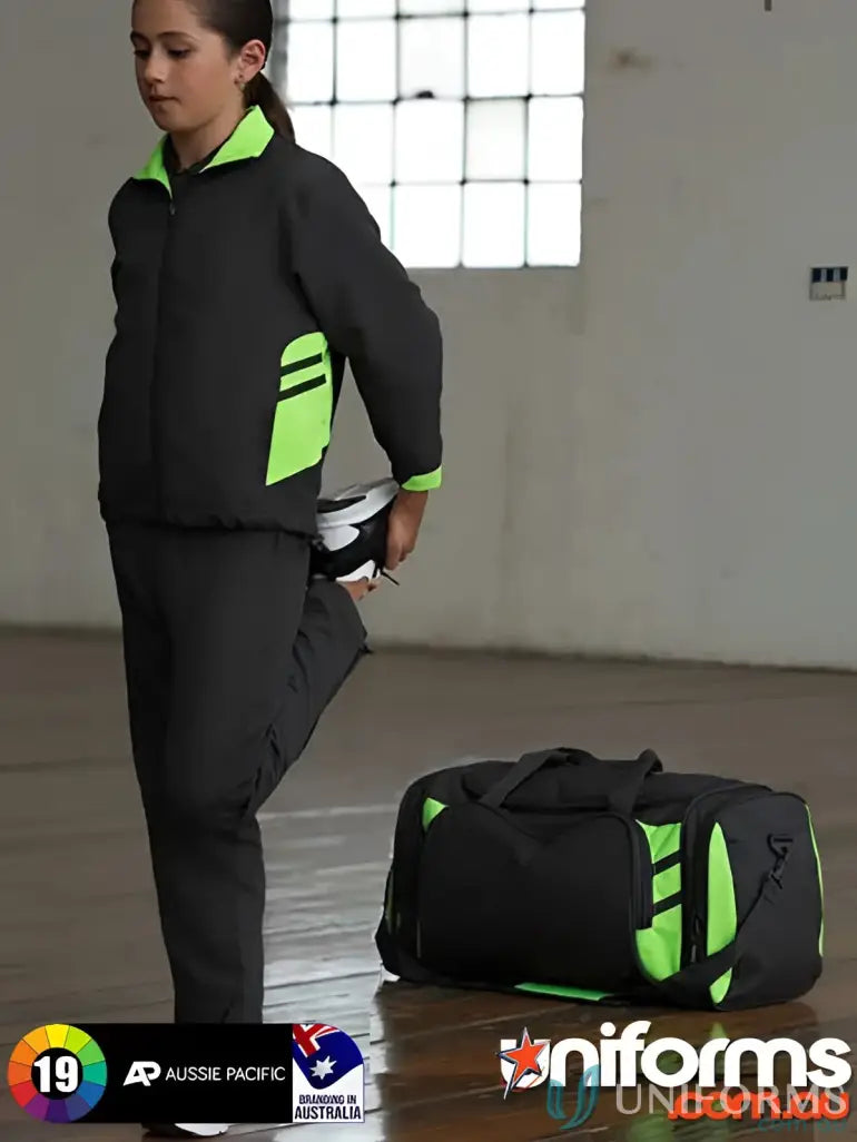 Black and green athletic tracksuit perfect for Tasman Sports Bag, uniforms, or workwear