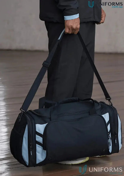 Black and light blue Tasman Sports Bag perfect for uniforms or workwear storage