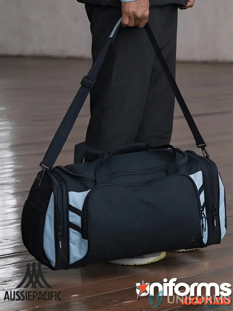 Black and light blue Tasman Sports Bag perfect for uniforms and workwear gear