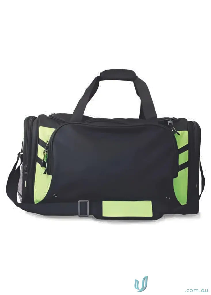Black and lime green Tasman Sports Bag perfect for uniforms or workwear gear