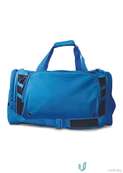 Blue Tasman Sports Bag with black accents, perfect for uniforms and workwear gear