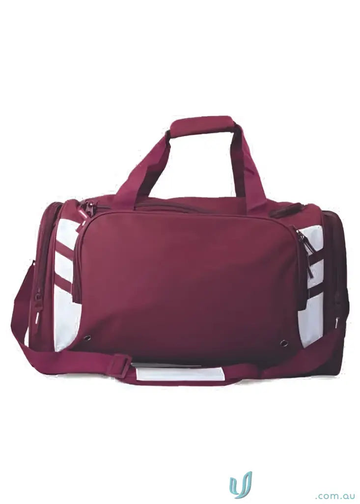 Maroon and white Tasman Sports Bag perfect for uniforms and workwear storage
