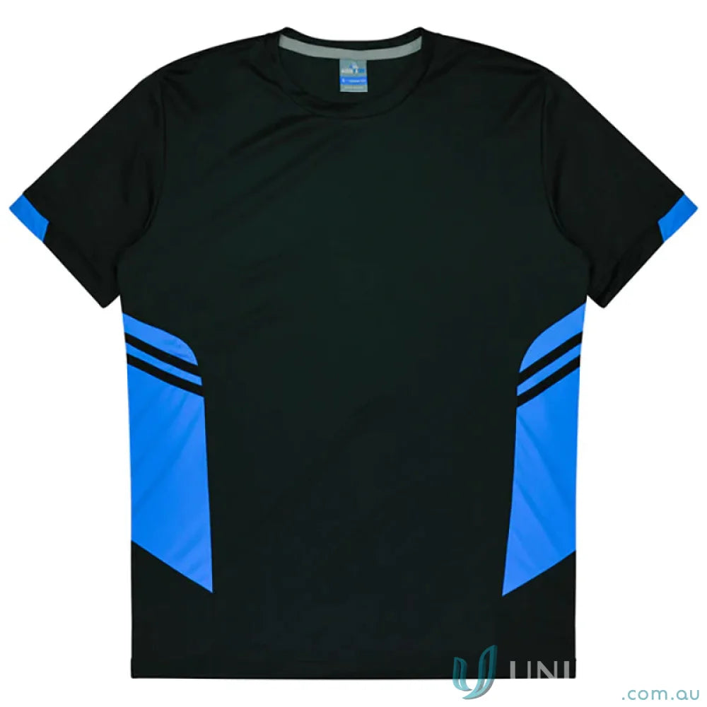 Black and blue Tasman Tee athletic t-shirt made from comfy fabric, perfect for workwear or uniforms