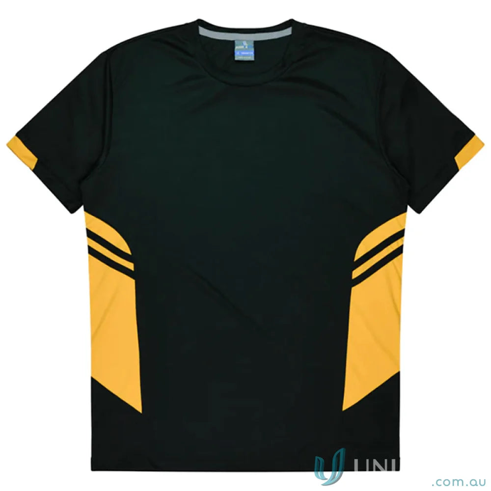 Black and gold athletic Tasman Tee made with quality fabric, perfect for uniforms and workwear