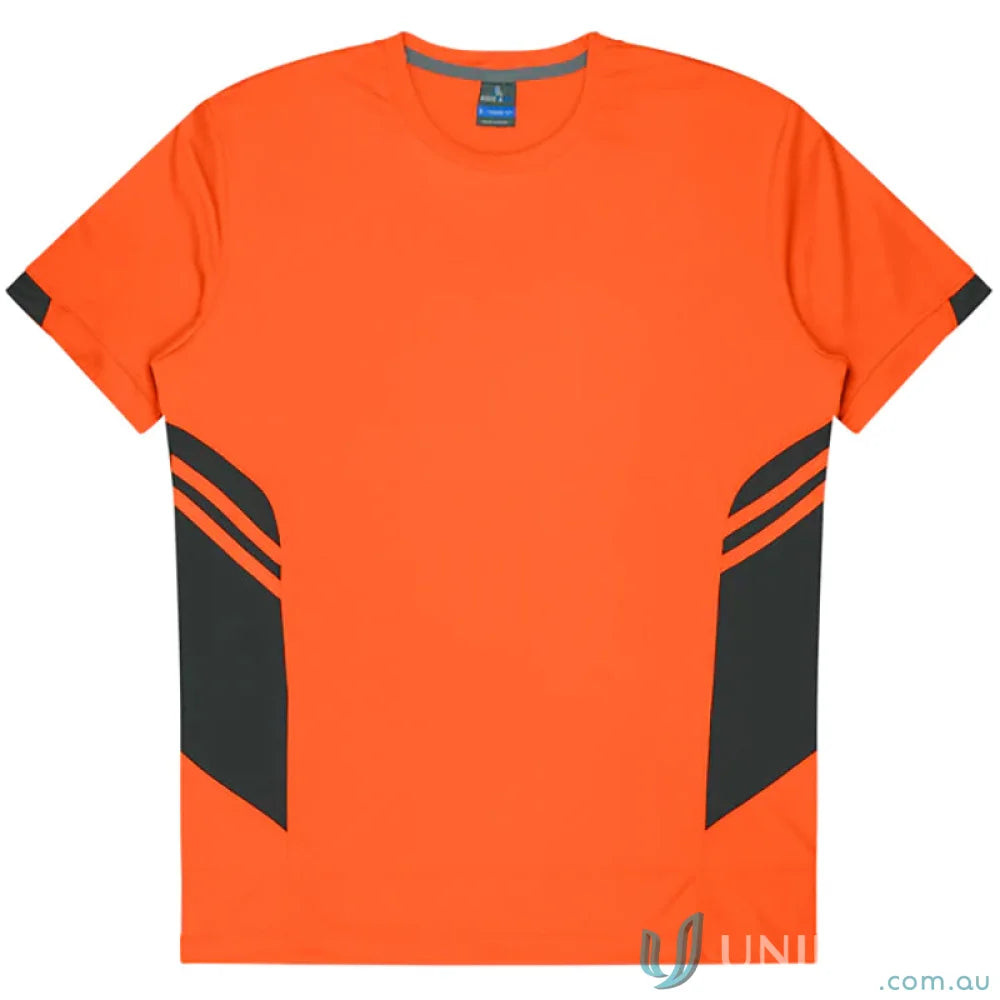 Orange and gray Tasman Tee short-sleeved shirt made for uniforms and workwear fabric