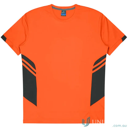 Orange and gray Tasman Tee short-sleeved shirt made for uniforms and workwear fabric