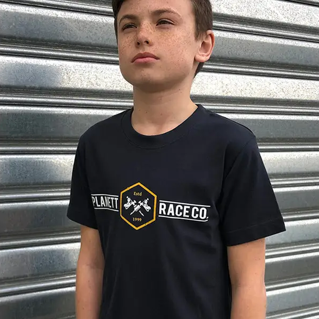 Tatt Gun Tee: black crew neck short sleeves with planet race co. logo