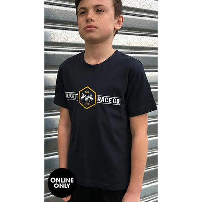 Tatt Gun Tee: black crew neck short sleeves in premium Australian cotton with plaquet race co logo and crossed wrenches