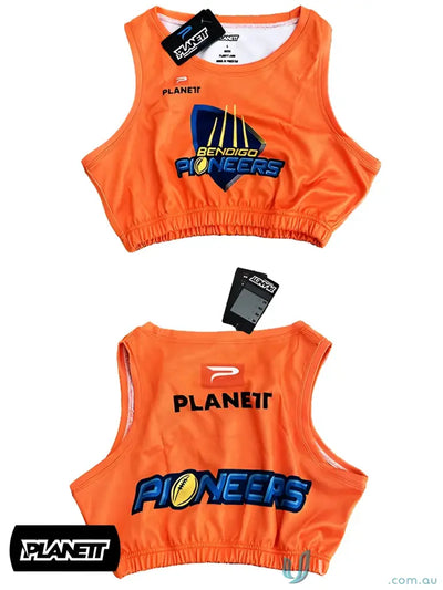 Orange Bendigo Pioneers crop top on TB101 Custom Training Bibs for Northern Knights