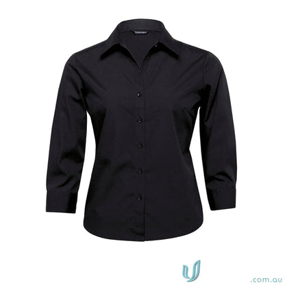 Black three-quarter sleeve button-down shirt perfect for workwear and uniforms