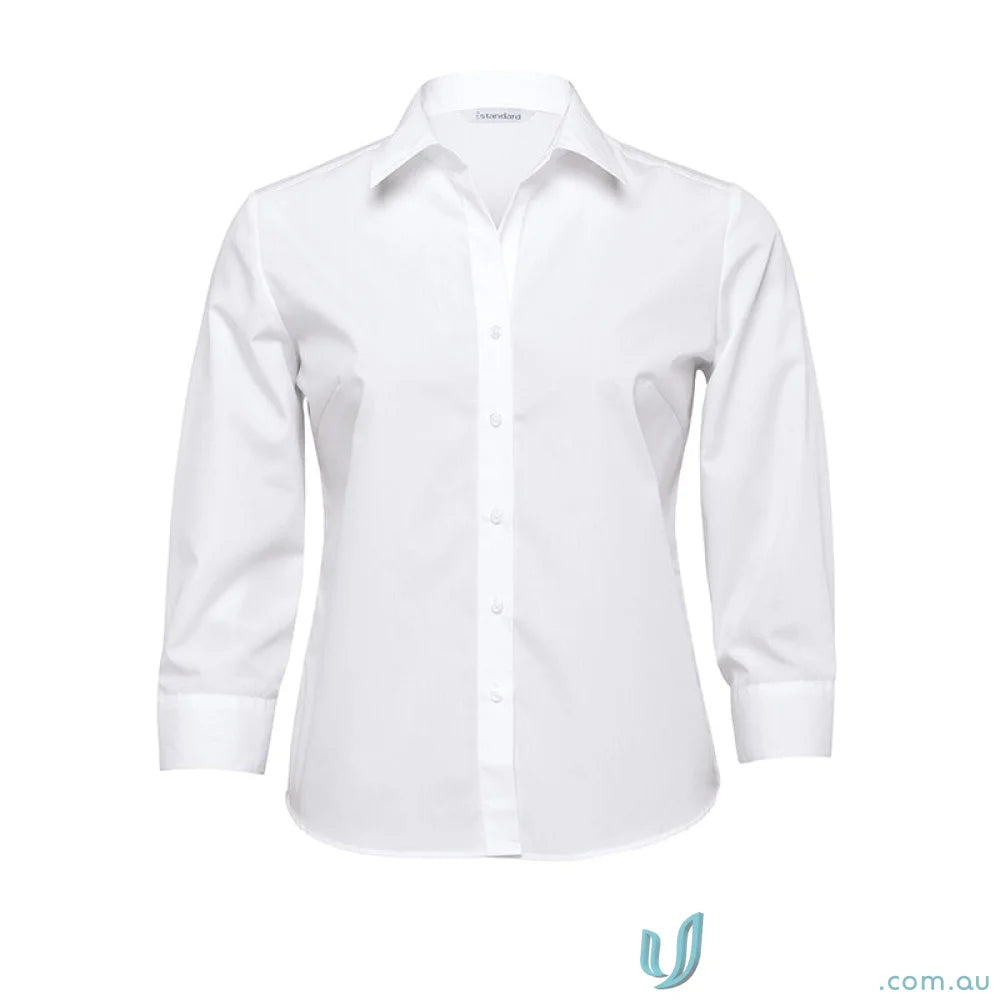 White button-down shirt from The Express Ladies Teflon Poplin workwear collection