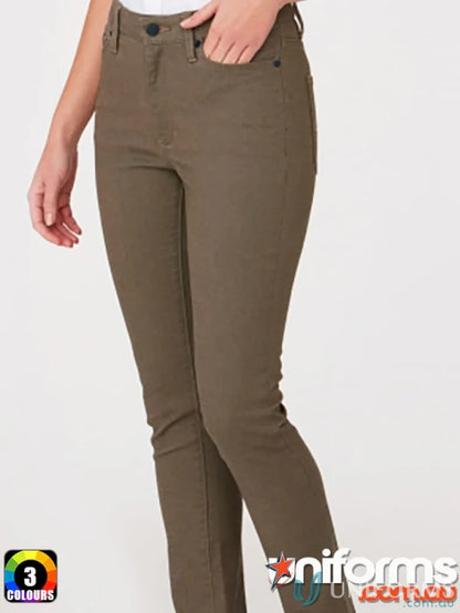 Dark olive green Women’s slim-fit pants with front pockets from The Ladies R Jeans, perfect fit for uniforms