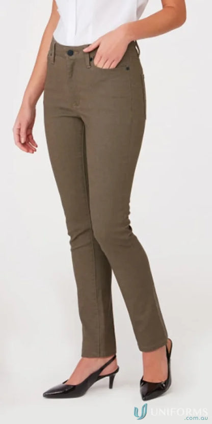 Women’s olive green slim-fit pants with button closure and front pockets from The Ladies R Jeans, perfect fit for uniforms