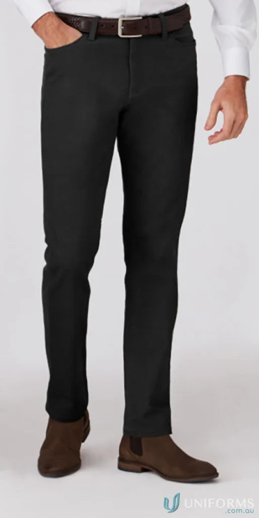 Men’s black straight-leg trousers with elastic waist, brown belt, and Chelsea boots from City Collection