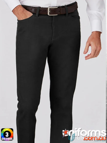 Men’s black trousers with brown belt from The Mens R Jean city collection, elastic waist