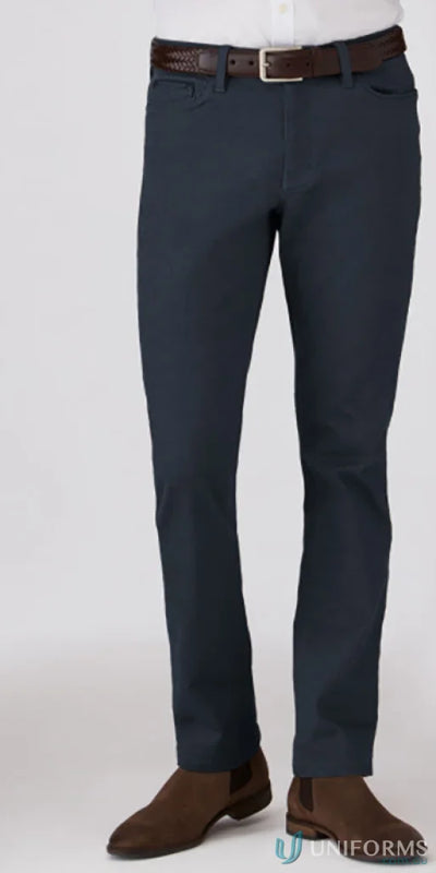Men’s R Jean dark blue trousers with elastic waist, brown belt, ankle boots for city collection
