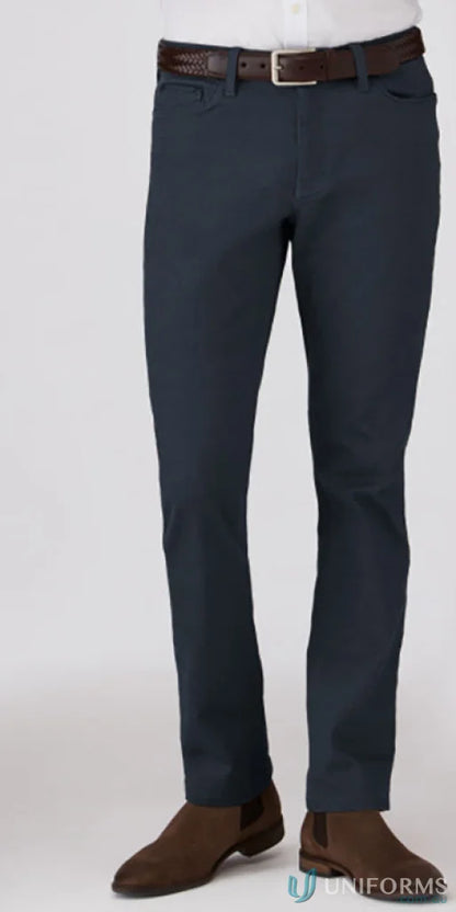 Men’s R Jean dark blue trousers with elastic waist, brown belt, ankle boots for city collection