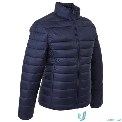 Navy blue puffer jacket with enhanced thermal properties from The Womens Puffer