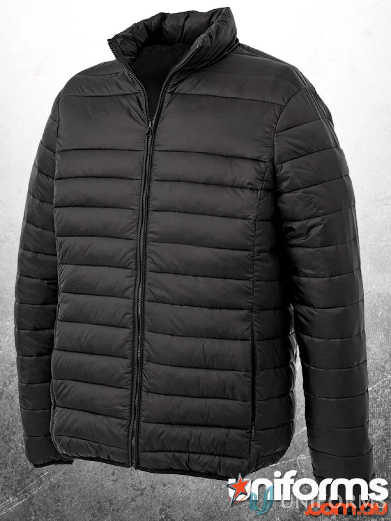 Black quilted puffer jacket with enhanced thermal properties, polyester lining for warmth and internal pockets for storage in The Youth Puffer