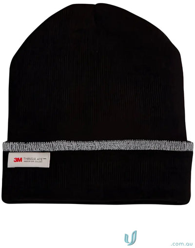 Black knit Thinsulated Cuff Beanie with gray trim and reflective stripe for winning spirit