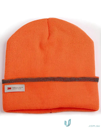 Orange knit Thinsulate™ cuff beanie with gray trim and reflective stripe for winning spirit