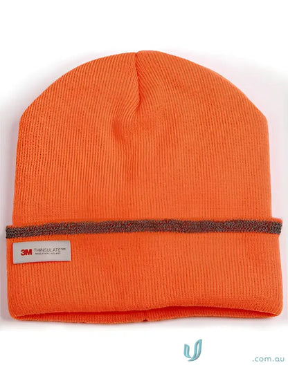 Orange knit Thinsulate™ cuff beanie with gray trim and reflective stripe for winning spirit