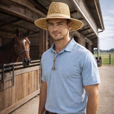 Toggled Straw Hat with woven tan texture and matching hat band for workwear uniforms