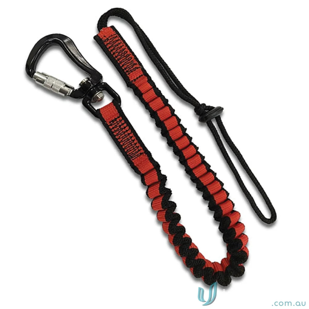 Red and black workwear lanyard with carabiner for uniforms and tools