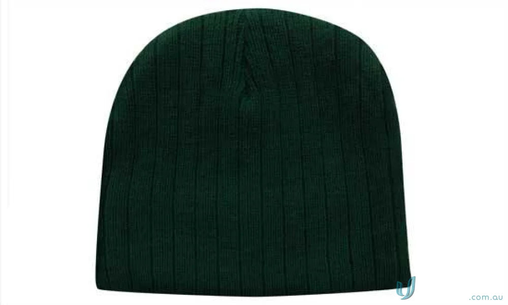 Dark green cable knit beanie showcasing cozy knit beanie style for winter wear